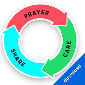 First Cause Circle color option with Prayer - Care - Share in red, green, and blue