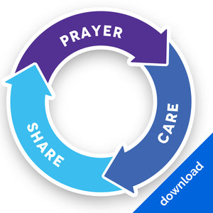 Color option 2 of Cause Circle with Prayer - Care - Share graphic in blue, light blue and purple