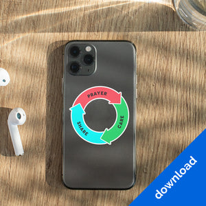 Mockup of Cause Circle, example of Prayer - Care - Share sticker on a phone